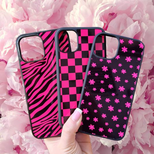 Pink and Black Floral Zebra Checkered Phone Cases